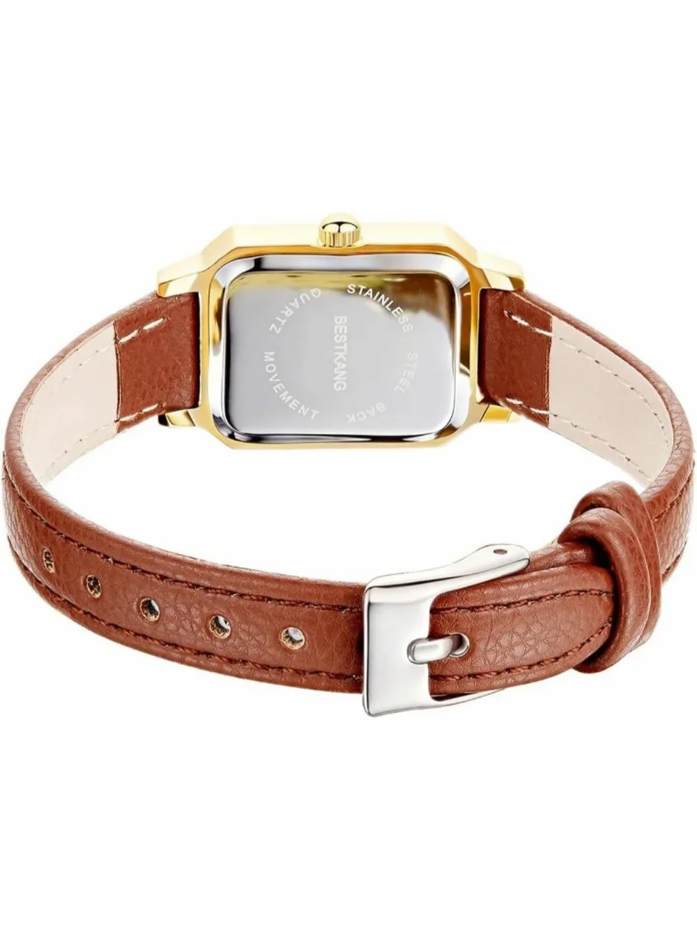 Women's Brown Gold White Leather Strap Elegant Vintage Rectangle Wrist Watch
